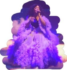 a woman in a purple dress and hat singing into a microphone with clouds behind her