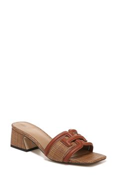 An iconic logo accent punctuates the bridge of a breezy slide sandal balanced by a square toe and flared block heel. 2" heel; (size 8.5) Leather and textile upper/synthetic lining/rubber sole Imported Brown Square Toe Mules With Branded Heel, Casual Brown Block Heels With Padded Heel, Brown Block Heels For Formal Summer Events, Brown Block Heel Mules With Contrasting Counter, Brown Mules With Contrasting Block Heel, Brown Block Heel Mules With Branded Heel Counter, Brown Square Toe Block Heels For Spring, Brown Block Heels With Square Toe For Spring, Elegant Brown Slides For Beach