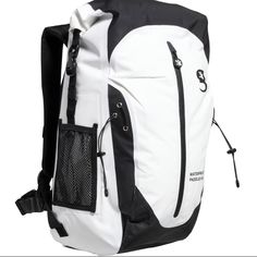 a white and black backpack with zippers on the side