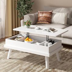 a white coffee table with two trays underneath it on a carpeted living room floor