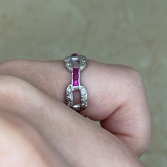 An original rare Art Deco band that features a design of alternating diamond links and calibre natural rubies. This band is platinum, from the 1920s.
The size of this band is 4.25 and it is not resizable.
If you have any questions about the Meyrin band, please feel free to contact us. Formal Silver Ruby Ring With Single Cut Diamonds, Silver Ruby Half Eternity Ring, Silver Ruby Ring With Half Eternity Design, Silver Half Eternity Round Cut Ruby Ring, Silver Ruby Ring With Round Cut Half Eternity, Silver Ruby Ring With Half Eternity Band, Art Deco Band, Ruby Wedding Band, Ruby Bands