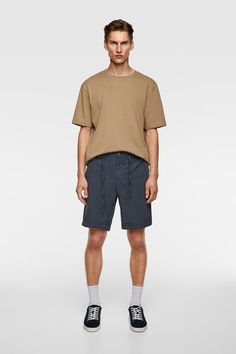 ZARA - Male - Rustic striped shorts - Navy blue - Xl Casual Short Shirt For Spring, Casual Short Spring Shirt, Zara Casual Relaxed Fit Shirt, Modern Collared T-shirt For Summer, Modern Short Sleeve T-shirt For Summer, Casual Tops For Workwear, Casual Short-length Tops For Workwear, Modern Summer T-shirt For Workwear, Modern Zara Tops For Summer