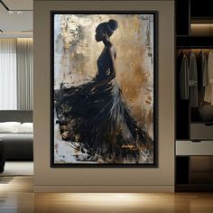 a painting on the wall of a room with a woman in a black and white dress