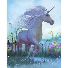 a painting of a unicorn standing in the middle of a field with wildflowers