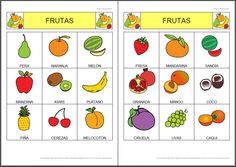 the fruits and vegetables are labeled in this spanish language flash card for kids to learn