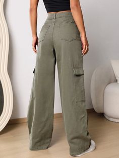 Make a bold style statement with our Flap Pocket Wide Length Jeans in an eye-catching green color. Designed with a plain pattern and wide-leg silhouette, these cargo pants-inspired jeans are a must-have for fashion enthusiasts. The zipper fly closure and natural waistline ensure a secure and comfortable fit. Details: Color: Green Pattern Type: Plain Type: Wide Leg Jeans Style: Cargo Pants Closure Type: Zipper Fly Waist Line: Natural Length: Long Fit Type: Loose Fabric: Non-Stretch Material: Deni Trendy Wide Leg Non-stretch Cargo Jeans, Trendy Baggy Green Wide Leg Pants, Trendy Green Baggy Wide Leg Pants, Trendy Green Non-stretch Wide Leg Pants, Non-stretch Cargo Jeans With Pockets For Spring, Casual Wide-leg Pants With Zipper Closure, Trendy Full Length Cargo Pants For Spring, Trendy Spring Full-length Cargo Pants, Trendy Spring Full Length Cargo Pants