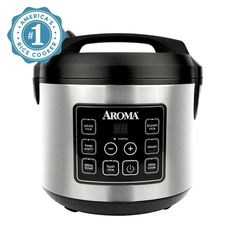 an aroma rice cooker with the label above it