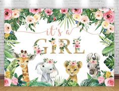 it's a girl sign with flowers and giraffes