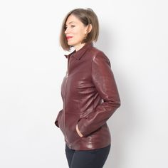 "Vintage Burgundy Red Leather Jacket, zip closure. Very Good Condition Medium Size, but please see the measures below. m e a s u r e m e n t s (taken while item is lying flat): shoulder: 15.7″/ 40 cm, around armpits: 37\"/ 94 cm, waist: 31.5 \"/ 80 cm, sleeve length: 25.6\"/ 65 cm, length: 27.5 ″/ 70 cm (measurements of armpit, waist, and hips are doubled ) Model is 170 cm or 5.5 feet tall, size M, but wears all sizes available We Offer: * Worldwide Shipping * Free Tracking Number * Free Gift Wr Classic Burgundy Leather Jacket With Long Sleeves, Classic Burgundy Leather Jacket For Fall, Classic Burgundy Leather Jacket, Classic Fitted Burgundy Leather Jacket, Fitted Burgundy Leather Jacket For Work, Classic Red Fitted Leather Jacket, Classic Fitted Red Leather Jacket, Classic Fitted Collared Biker Jacket, Fitted Vintage Burgundy Outerwear