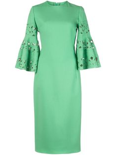 Green virgin wool broderie anglaise sleeve dress from Oscar de la Renta featuring a round neck, a fitted waist and a knee length. Chasing Paper, Nature Fashion, Emerald City, Blouse Outfit, Buy Dress, Dress Styles, Work Fashion, Container House, Plus Size Dress