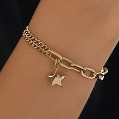 "Charm Star Bracelet 14k Gold | Puffed Star Pendant w/ Double Curb Chain and Paperclip Thick Link w/ Lobster Claw Lock Bracelet w/ | Gift for Her * Material: 14k Yellow Gold * Weight: 6,20gram (1 Charm, 7,5\" +/-%10 due to size) Contact me if you are unsure about length. Extension links are standard for minor adjustments. ∙ P R O D U C T I O N ∙ * All of my products are handmade and crafted with care and love:) * All of my products are SOLID GOLD, no gold fill, no gold coating. Also there are no Gold Metal Bracelets With Star Charm, Gold Metal Bracelet With Star Charm, Gold Metal Chain Bracelet With Star Charm, Gold Star Charm Chain Bracelet, Gold Chain Bracelet With Star Charm, Gold Star Charm Bracelet, Lock Bracelet, Gold Heart Bracelet, Bangles Design