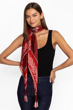 Crafted from 100% silk, the Zwina Silk Scarf adds a touch of whimsy to any look. Featuring a variety of brilliant bold patterns against a rich red backdrop, this bold scarf is finished with decorative tassels at the corners. Add to a traditional work look for a bold pop of color. Johnny Was Women's Zwina Silk Scarf in Zwina Scarf Print Red, 100% Silk Decorative Tassels, Red Backdrop, Bold Patterns, Boho Chic Outfits, Women's Blouses, Chic Outfit, Embroidered Jeans, Work Looks, Johnny Was