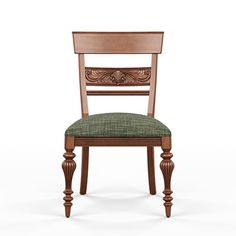 a wooden chair with green upholstered seat and back cushion on an isolated white background