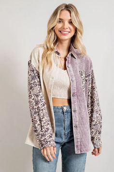 Give the ultimate 90's vibe with this lightweight color block corduroy jacket with floral print sleeves & pocket. Do it the Curvy Bird way and pair this over your favorite hoodie to add a splash of floral! Lavender & Tan 100% Polyester Button Closure Runs true to size. Big Comfy Sweaters, Corduroy Shirt Jacket, Madison Style, Corduroy Shirt, Corduroy Jacket, Printed Sleeves, Fall Winter Outfits, Lightweight Jacket, Cute Shirts