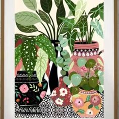 a painting of potted plants on a table