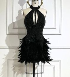 Black Fringe Dress, Embellished Mini Dress, Pearl Beading, Feather Jacket, Feather Tops, Event Production, Backless Design, Feather Dress, Fringe Dress