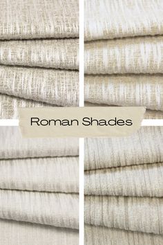 four different shades of fabric with the words roman shades written on them in black and white