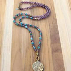 Amethyst and Apatite Mala Necklace with Tibetan Calendar Pendant Mala Necklace Outfit, String Necklace, Necklace Outfit, Beads Mala, Tibetan Jewelry, Purple Quartz, Amethyst Healing, Jewelry Making Necklace, Healing Necklace