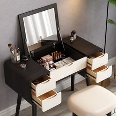 a vanity with drawers and a mirror on the wall next to a stool in front of it