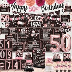 a 50th birthday party with pink and black decorations