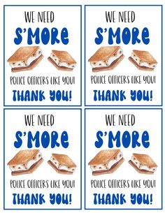 four thank you cards with sandwiches on them and the words, we need s'more