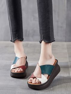 Babakud Women Summer Vintage Colorblock Leather Platform Wedge Mules Leather Toe Post Wedge Sandals, Trendy Leather Toe Post Wedge Sandals, Multicolor Leather Closed Toe Wedge Sandals, Trendy Multicolor Wedge Sandals, Casual Multicolor Leather Wedge Sandals, Multicolor Leather Wedge Sandals With Round Toe, Wedge Mules, Loafer Slippers, Summer Theme