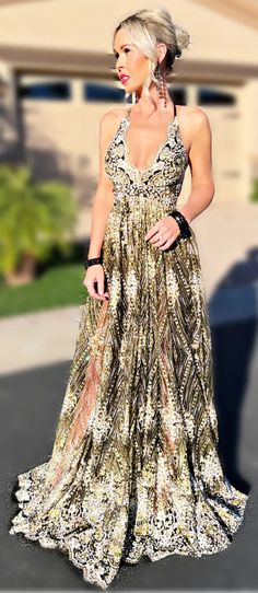 This Sequin Stunner Dress is great for a New Years Eve dress outfit or an upcoming Holiday Parties. So if you love sparkling this season is a must in this plunge black and gold dress. Bohemian Dress Formal, New Years Eve Dress, Golden Birthday Parties, Black And Gold Dress, 70s Glam, Golden Birthday, New Years Eve Dresses, Eve Dresses, Holiday Events