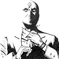 a black and white drawing of a man holding something