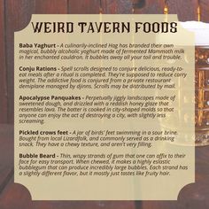 a sign describing the benefits of weird tavern foods