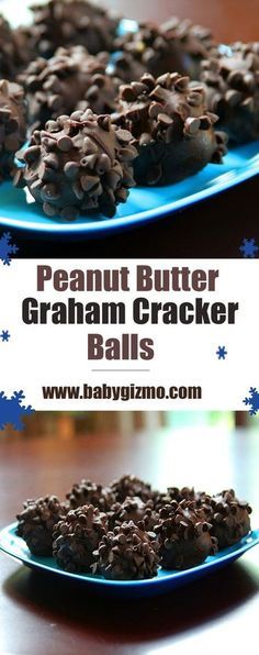 two blue plates filled with peanut butter graham cracker balls on top of a wooden table