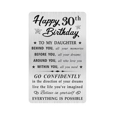 a metal plaque that says happy 30th birthday to my daughter and the words on it