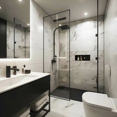 a modern bathroom with marble walls and floor