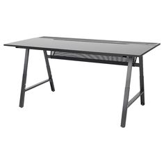 a black table with a mesh top and legs on it, against a white background