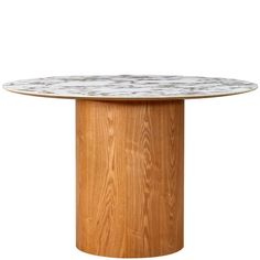 a round table with marble top and wooden base, against a white background or backdrop