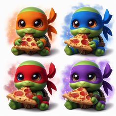 four different kinds of stuffed animals holding pizza slices