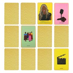 six square coasters with different images of women on them, each featuring a movie clapper