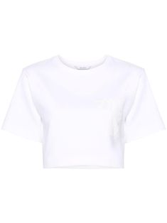 white stretch-jersey logo print to the side crew neck short sleeves straight hem cropped White Cropped T-shirt With Logo Print For Spring, Athleisure Cropped Tops With Logo Print, Spring White Cropped T-shirt With Logo, White Logo Print Cropped T-shirt, White Logo Print Crew Neck Crop Top, White Crew Neck Crop Top With Logo Print, White Cropped Streetwear Shirt, White Cropped Shirt For Streetwear, White Relaxed Fit Crop Top