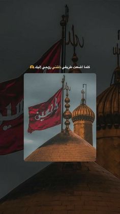 two flags flying in the wind on top of a building with domes and spires