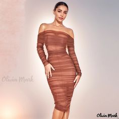 Olivia Mark - Seductive and Sophisticated Long Sleeve Pleated Mesh Party Dress for Cocktail Events Elegant Bodycon Mesh Dress For Club, Chic Fitted Mesh Dress For Party Season, Sheer Fitted Bodycon Dress For Cocktail, Sheer Fitted Mesh Dress For Party Season, Elegant Sheer Bodycon Dress For Club, Glamorous Fitted Sheer Midi Dress, Chic Stretch Mesh Party Dress, Fitted Mesh Dress For Fall Party, Chic Stretch Mesh Dress For Party