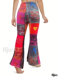 Bjux - Womens Plus Size Colorblock Graphic Print High Rise Leggings - Stylish Plus-Size Casual Pants with Flared Medium Stretch Stylish Plus, High Rise Leggings, Plus Size Casual, Casual Pants, Graphic Prints, Color Blocking, Knit Fabric, Knitted Fabric, Print Patterns