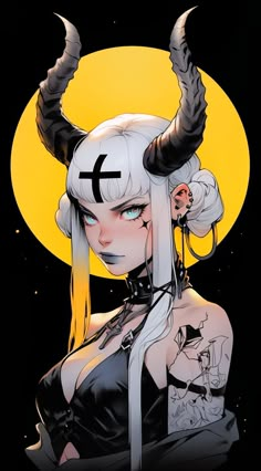 an anime character with horns and piercings on her head, standing in front of a full moon