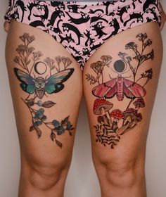 the back of a woman's thigh with tattoos on it and flowers, butterflies and moths