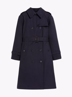 Navy cotton Muirkirk trench coat from MACKINTOSH featuring spread collar, epaulettes, storm flap, double-breasted button fastening, two front button-fastening jetted pockets, long sleeves and belted cuffs. Cotton Trench Coat, Blue Trench Coat, Military Inspired, Double Breasted, Trench Coat, Lookbook, Navy, Collar, Long Sleeve