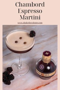 A chambord espresso martini in a coupe glass sitting next to a small bottle of Chambord on a pink marble table, with some blackberries around. Chambord Desserts, French Martini Recipe Chambord, Martini With Chambord, Espresso Shake, Festive Espresso Martini, Vodka Chambord Cocktail, Coffee Martini, Valentine’s Day Espresso Martini, Coffee Vodka