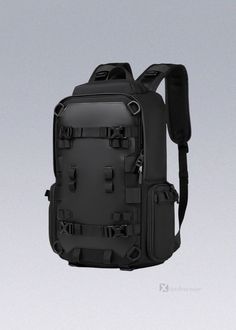 a black backpack with straps hanging from it's front pocket and the bottom part of its back