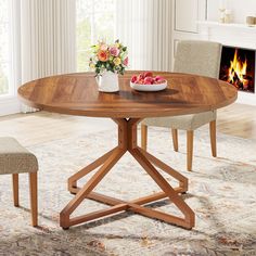 a wooden table with chairs around it and a bowl of fruit on the table top