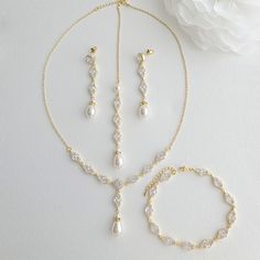 Gold Bridal Jewelry Set with Pearl Crystal Earrings Back Necklace Bracelet Set-Hayley - PoetryDesigns Gold Flower Jewelry Set, Bridal Jewelry With Lace Dress, Simple Elegant Bridal Jewelry, Good Wedding Jewelry, Gold Necklace With Earings, Gold Jewelry Wedding Bridal Sets, Wedding Dress With Gold Jewelry, Wedding Jewelry Pearl, Gold Jewelry Sets Simple