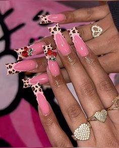 @toptierprincess Pink Leopard Nails, Bedazzled Nails, Cheetah Print Nails, Cheetah Nails, Long Acrylic Nail Designs