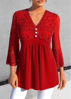 Color:Red;Size:S;Size:M;Size:L;Size:XL;Size:XXL;Package Contents:1 X Blouse;Occasion:Other;Style:Casual; New Years Eve Tops, Professional Blouses, Stylish Tops For Women, Tops Trendy, Tunic Tops Casual, Button Blouse, Trendy Fashion Tops, Pretty Blouses