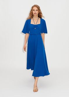 Statement Sleeve Maxi Dress + Belt | ME+EM Chic Midi Dress With Square Neck And Tie Back, Spring Workwear Midi Dress With Tie Back, Elegant Dresses With Tie Fastening For Day Out, Elegant Day Out Dress With Tie Fastening, Elegant Midi Dress With Tie Fastening For Brunch, Chic Square Neck Belted Dress, Chic Belted Square Neck Dress, Elegant Midi Dress With Tie Back For Day Out, Formal Blue Square Neck Dress